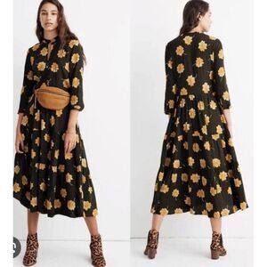 Madewell Button Front Tier Dress Fall Flowers Floral Print Crepe Midi Dress XXS